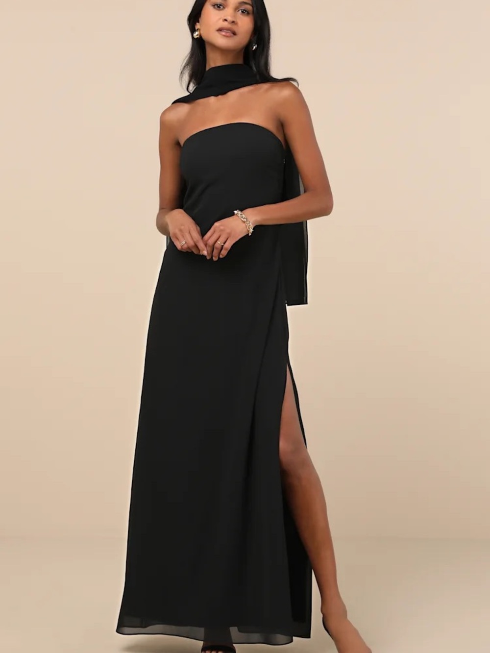 Lulu's Black Strapless Maxi Dress with Side Slit and Neck Scarf